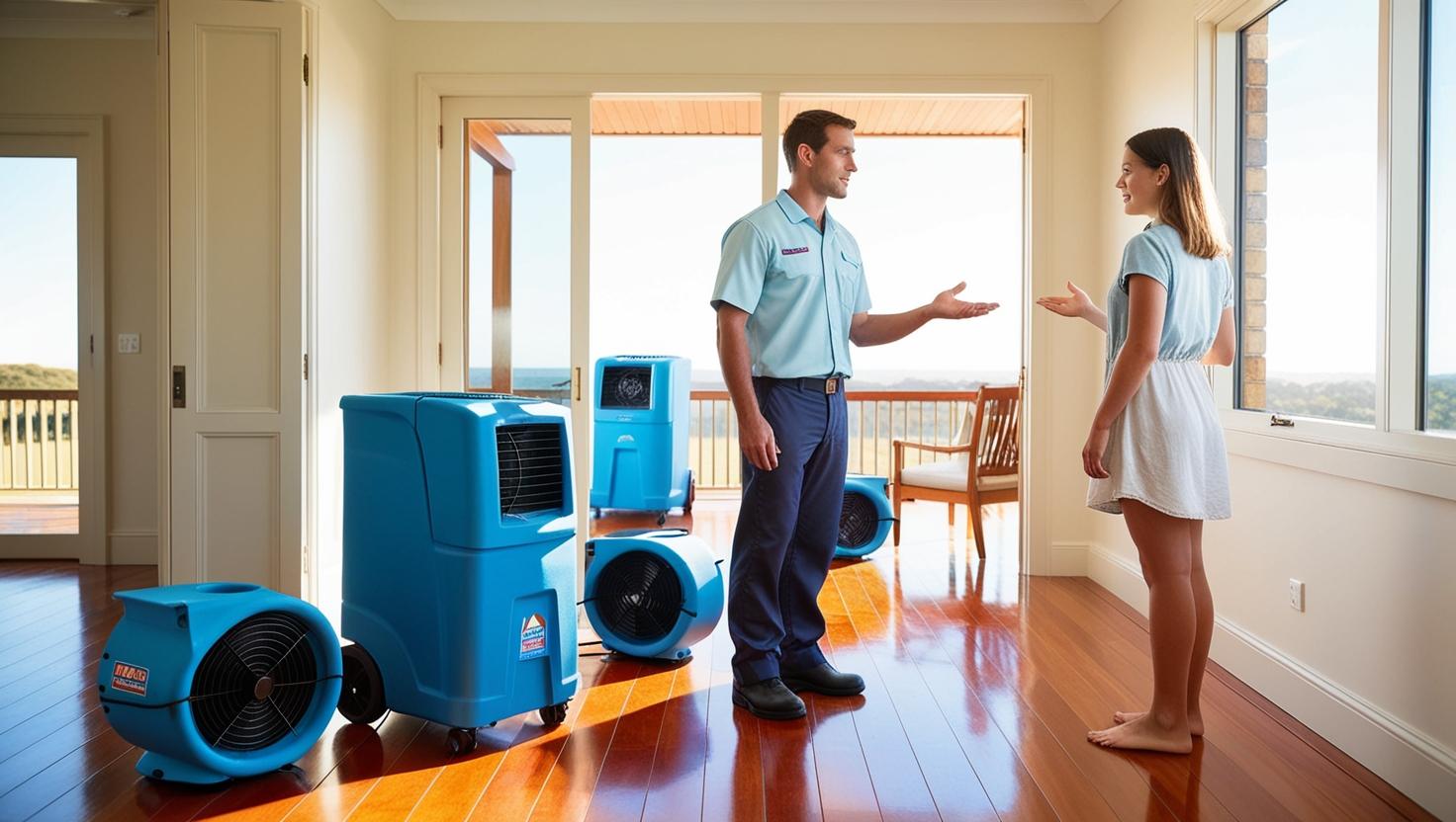 Technician explaining industrial humidity control equipment to a woman in a bright room with wooden floors Technician explaining industrial humidity control equipment to a woman in a bright room with wooden floors
